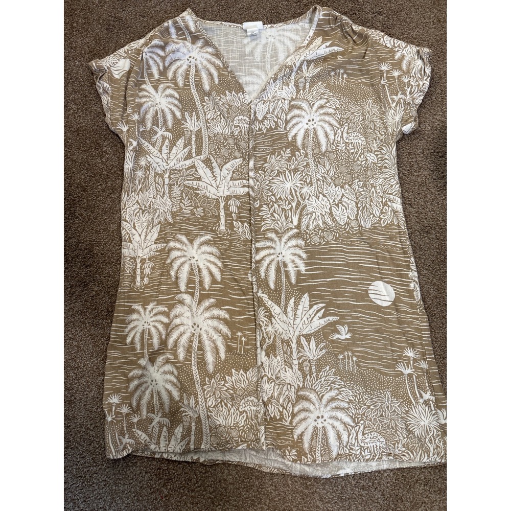 Desmond & Dempsey H&M Dress Womens Medium Tan Tropical Palm Linen Blend Mini